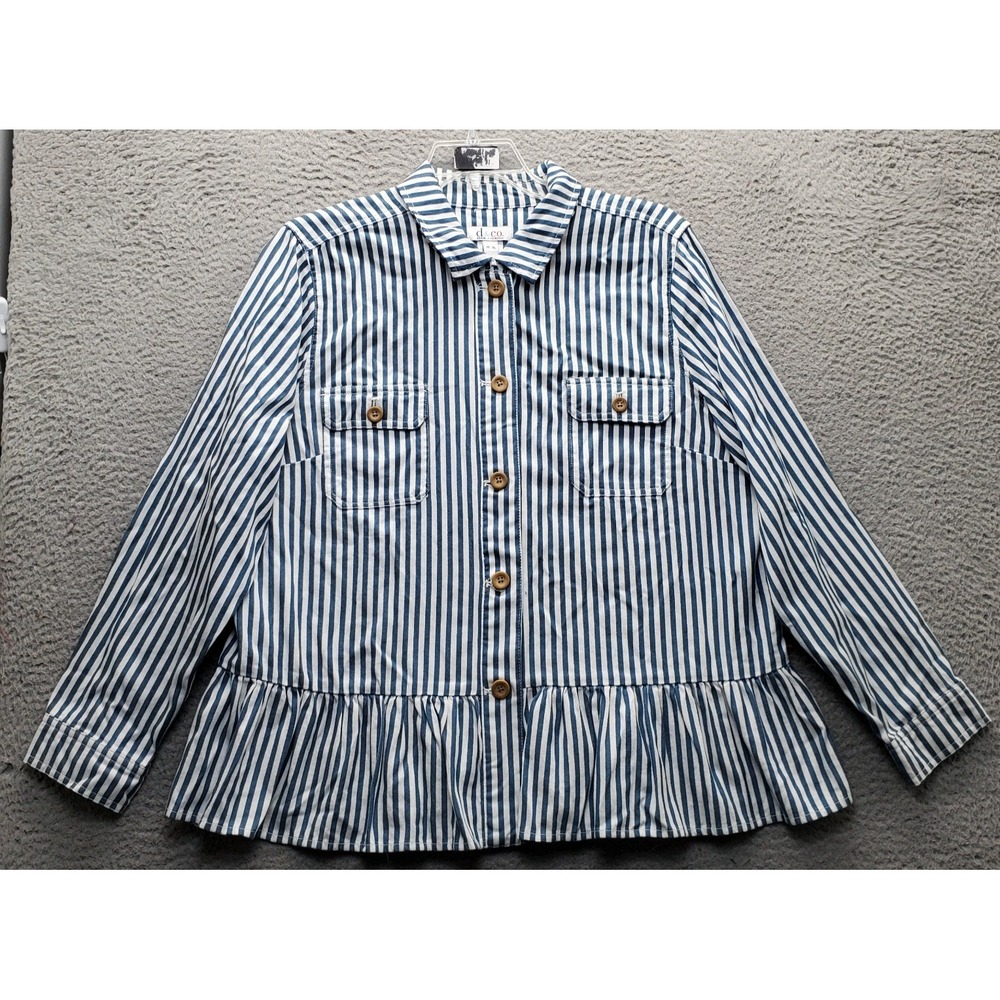 Denim & Co. Shirt Top Womens XL Multi Striped Peplum Ruffled Hem Button-Up EUC